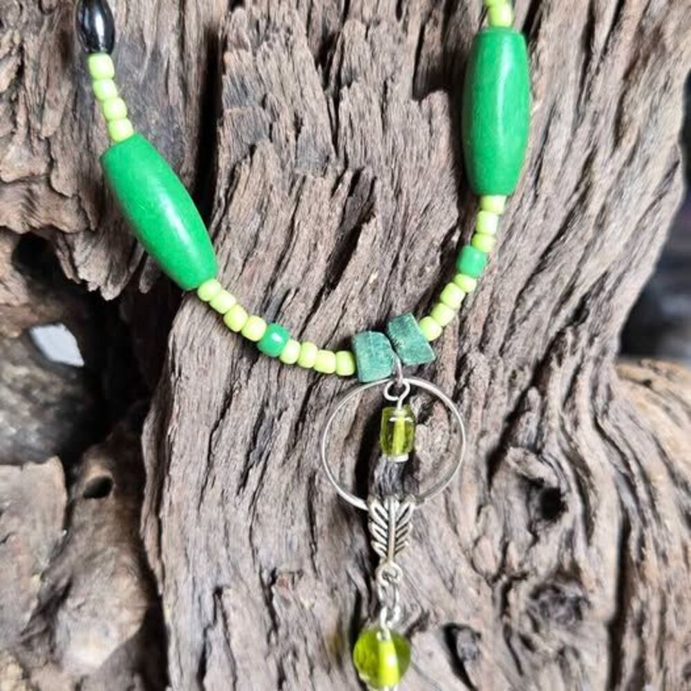 Green Apple Necklace | Upcycled Mixed Materials | Boho Nature Jewelry | 24" C